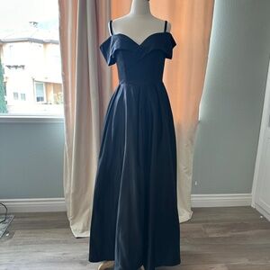 NWOT Black Off Shoulder Long Slit Formal Dress A-Line Satin Formal Evening Party